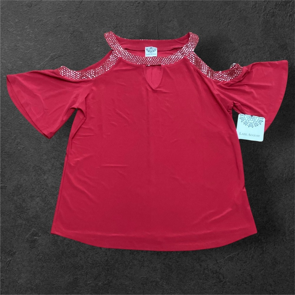 Late August Red Cold Shoulder Sequin Neck Bell Sleeve Blouse Top Large NWT